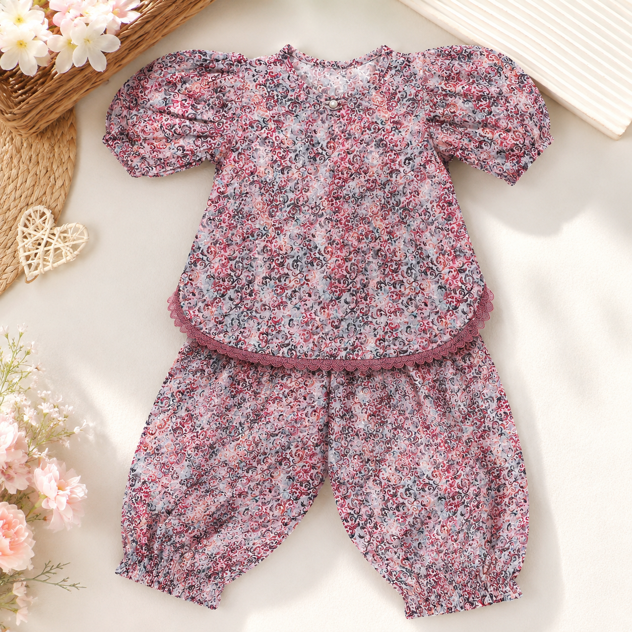 Premium Chikankari Cotton Baby Girls Co-Ord Set | Floral Full Sleeve Top & Harem Pants | Soft & Comfortable Ethnic Wear