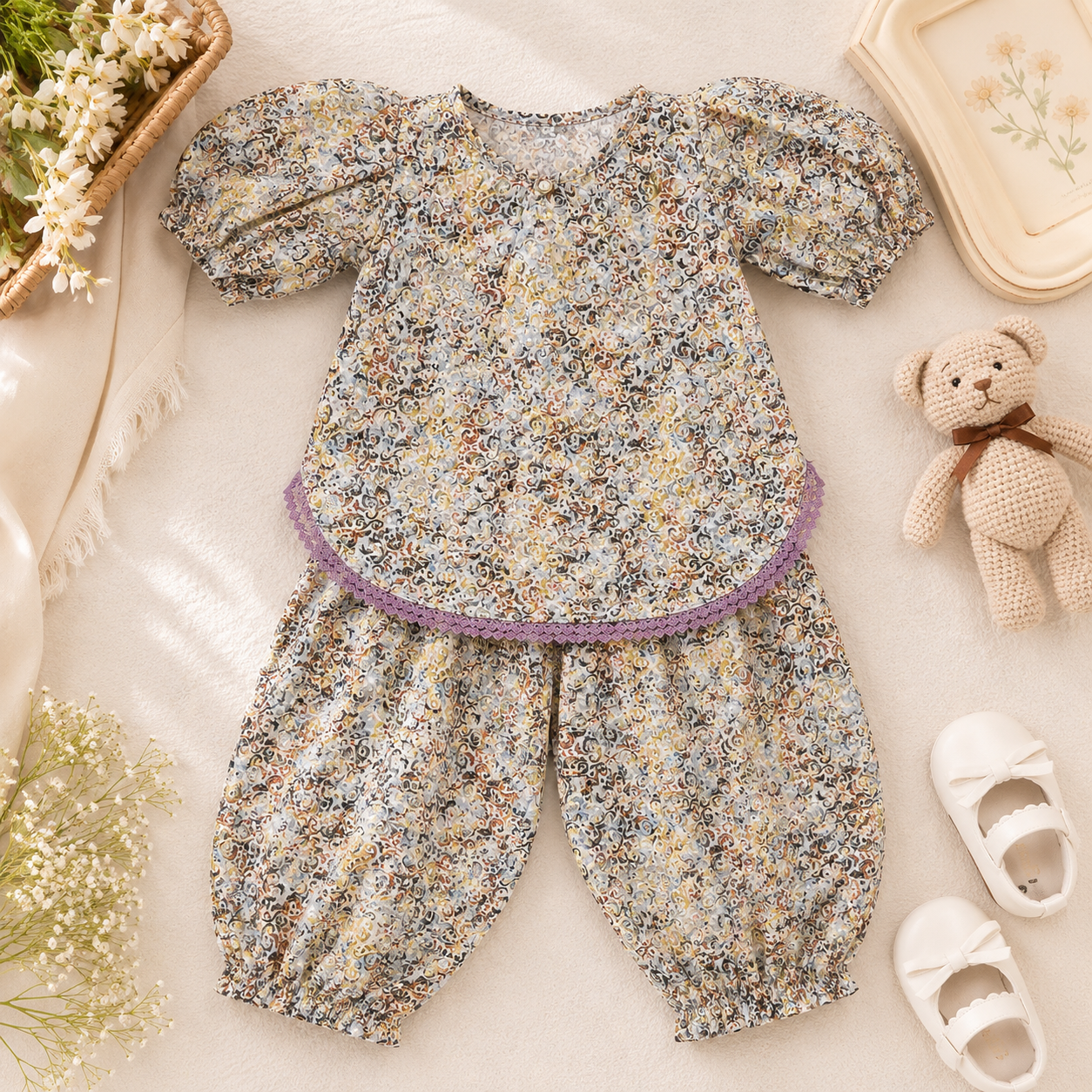 Premium Chikankari Cotton Baby Girls Co-Ord Set | Floral Full Sleeve Top & Harem Pants | Soft & Comfortable Ethnic Wear