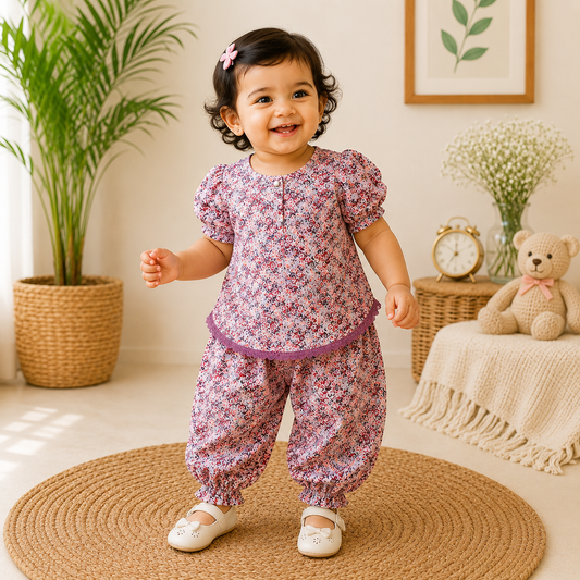 Premium Chikankari Cotton Baby Girls Co-Ord Set | Floral Full Sleeve Top & Harem Pants | Soft & Comfortable Ethnic Wear