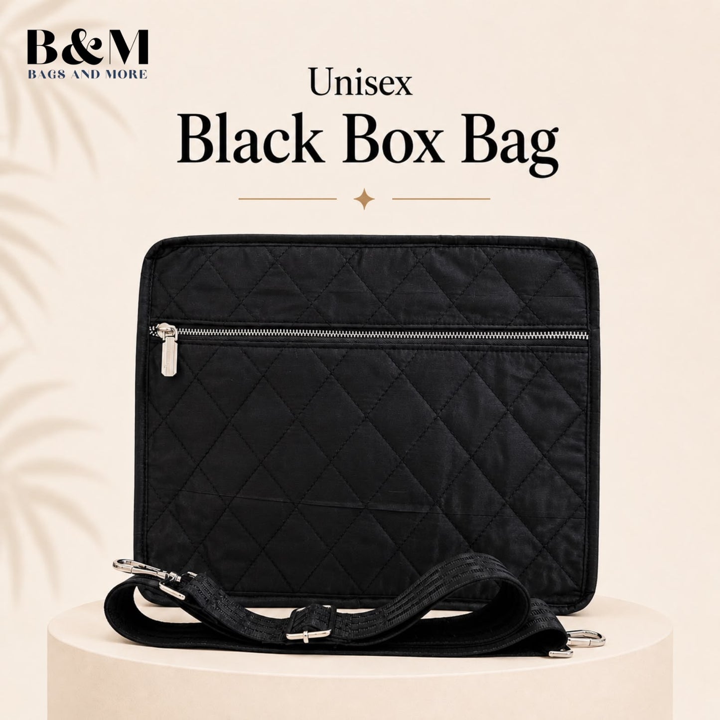 B&M Unisex Black Box Bag | Premium Quilted Satini Fabric Shoulder & Crossbody Messenger Bag | Travel, Office & Everyday Sling Bag | Black