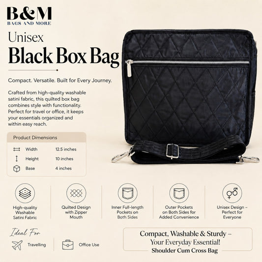 B&M Unisex Black Box Bag | Premium Quilted Satini Fabric Shoulder & Crossbody Messenger Bag | Travel, Office & Everyday Sling Bag | Black