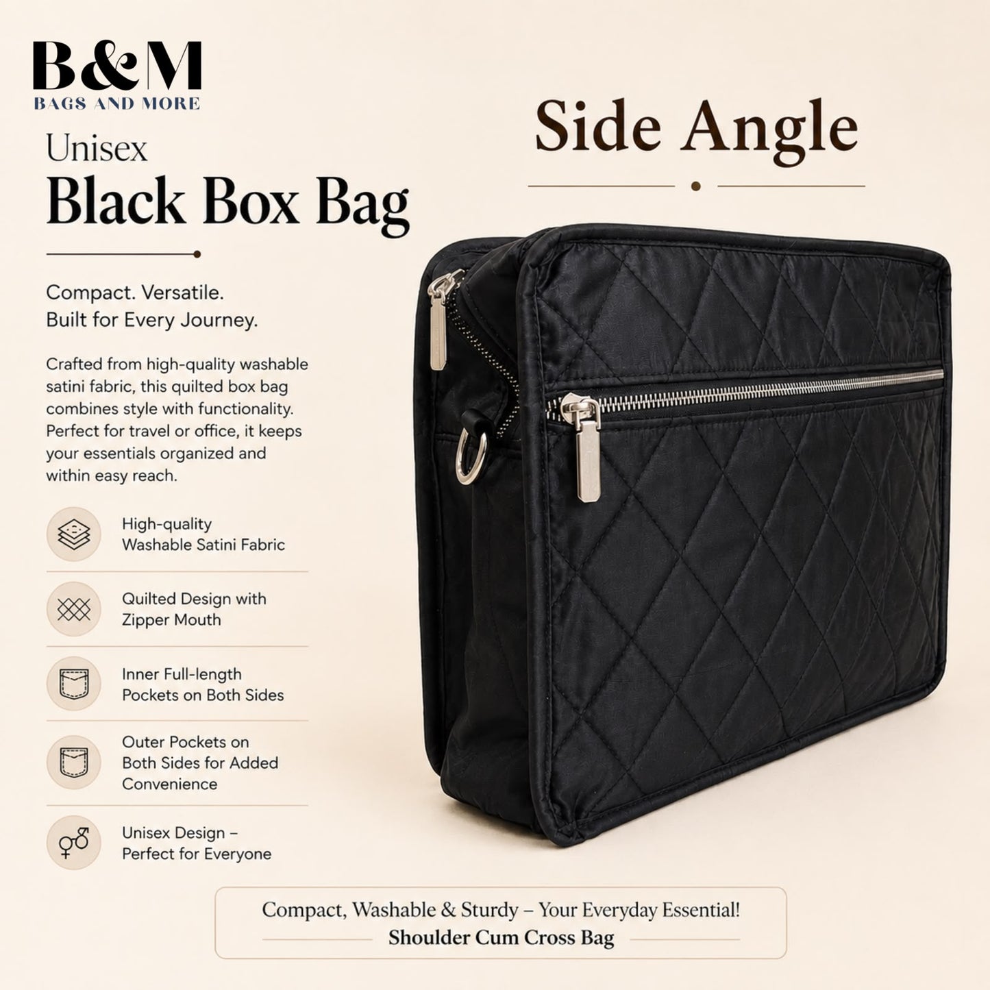 B&M Unisex Black Box Bag | Premium Quilted Satini Fabric Shoulder & Crossbody Messenger Bag | Travel, Office & Everyday Sling Bag | Black