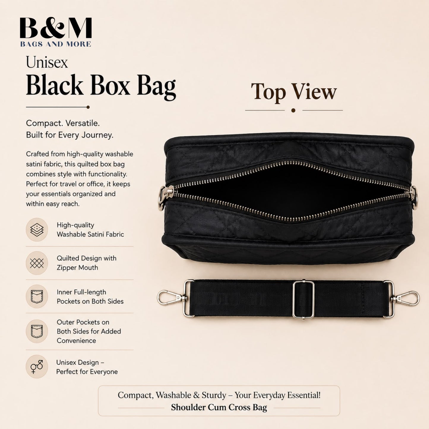 B&M Unisex Black Box Bag | Premium Quilted Satini Fabric Shoulder & Crossbody Messenger Bag | Travel, Office & Everyday Sling Bag | Black