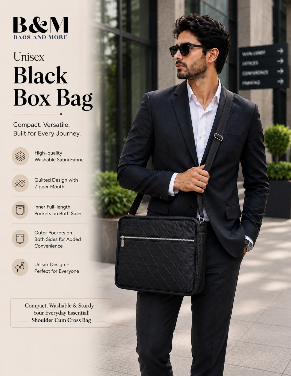 B&M Unisex Black Box Bag | Premium Quilted Satini Fabric Shoulder & Crossbody Messenger Bag | Travel, Office & Everyday Sling Bag | Black