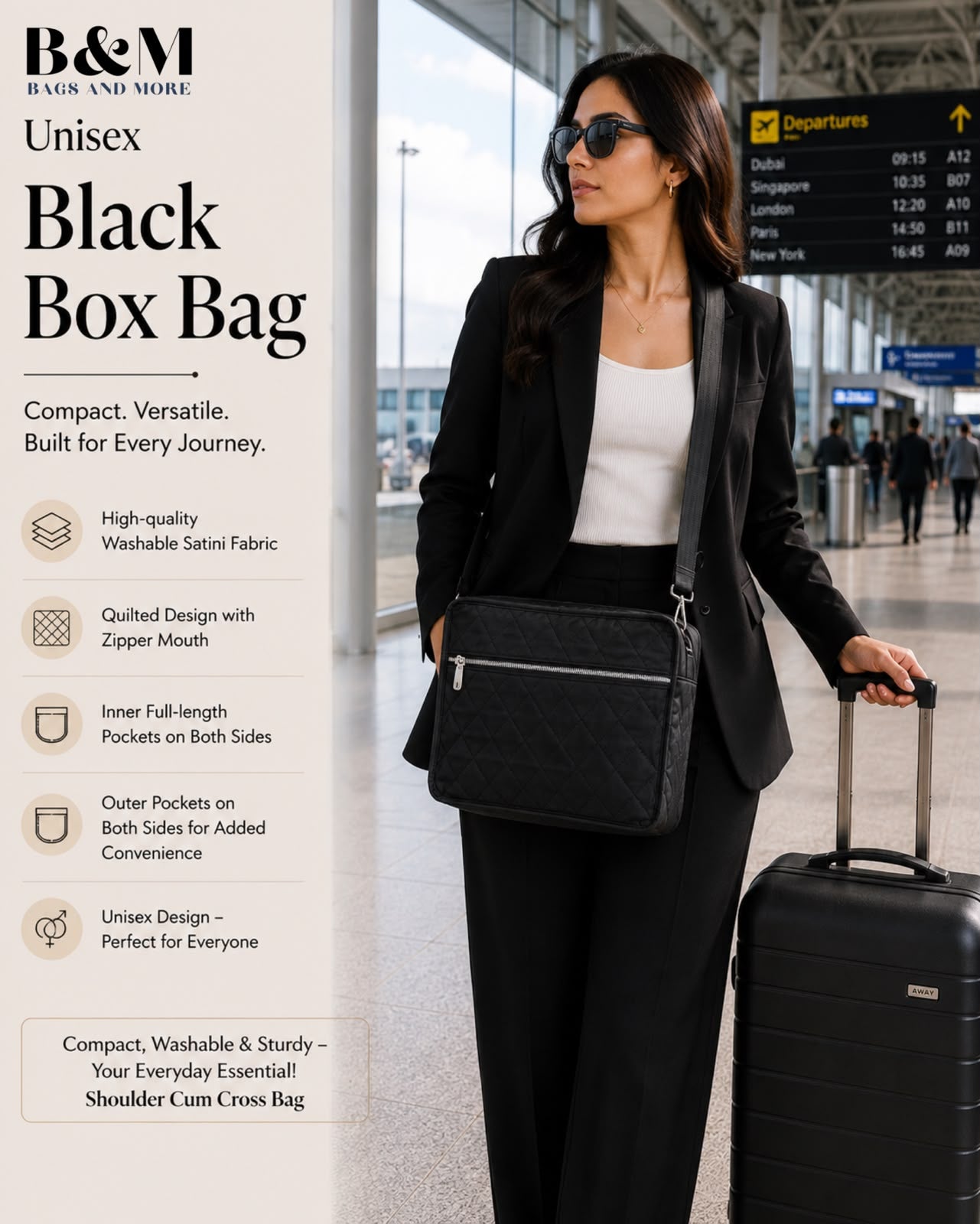 B&M Unisex Black Box Bag | Premium Quilted Satini Fabric Shoulder & Crossbody Messenger Bag | Travel, Office & Everyday Sling Bag | Black