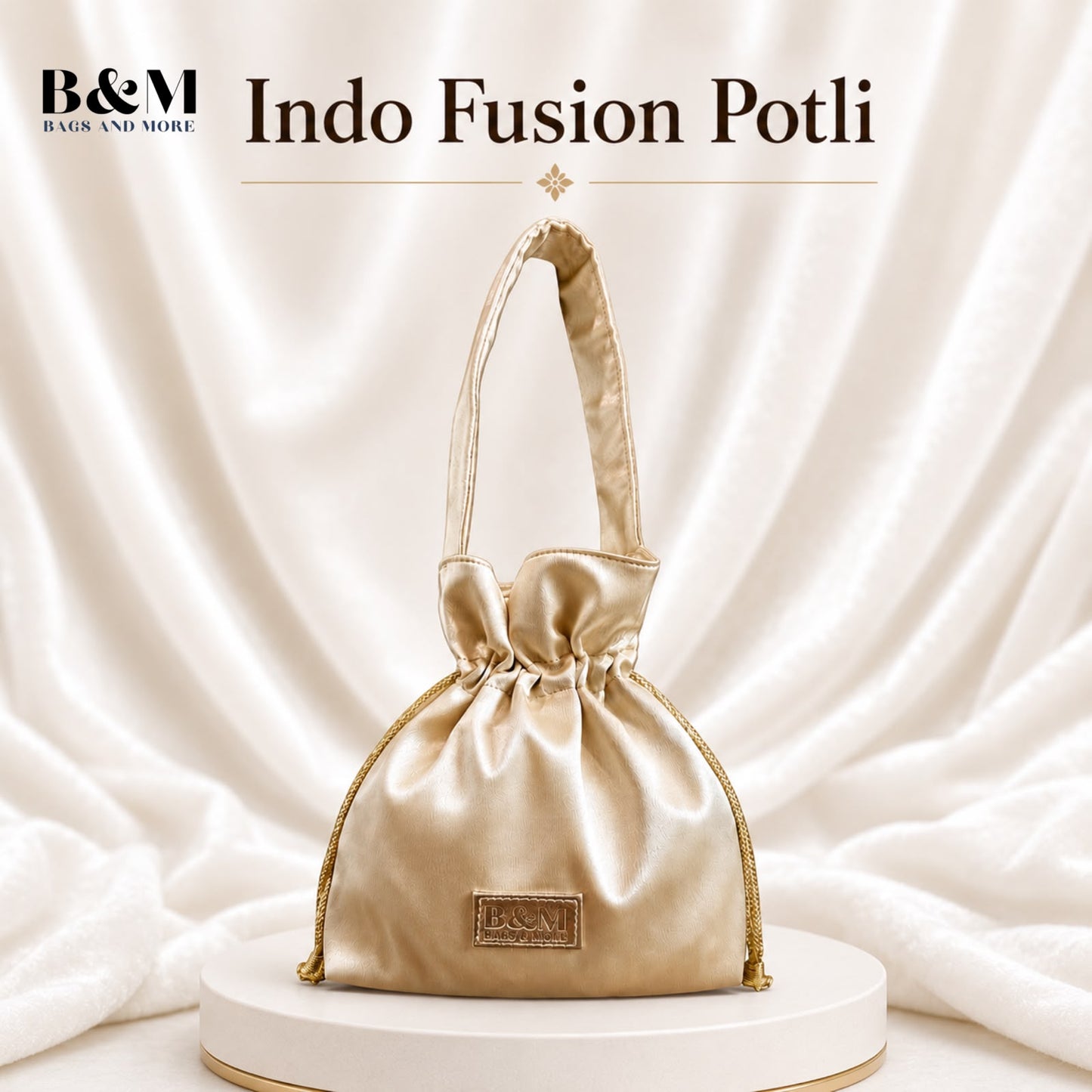 B&M Indo-Fusion Luxe Potli Bag for Women | Premium Satin Ethnic Handbag with Thick Handle & Bell Tassels | Wedding, Party & Festive Potli | Paani Gold