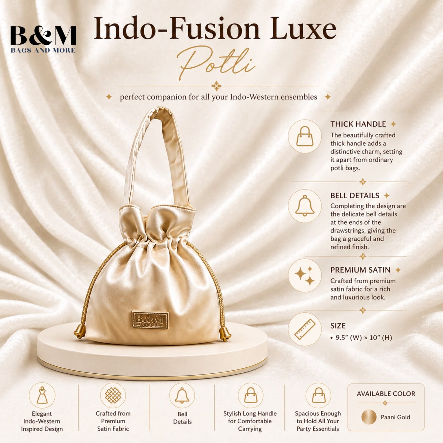 B&M Indo-Fusion Luxe Potli Bag for Women | Premium Satin Ethnic Handbag with Thick Handle & Bell Tassels | Wedding, Party & Festive Potli | Paani Gold