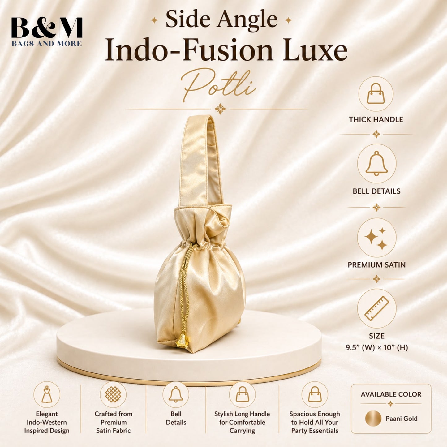B&M Indo-Fusion Luxe Potli Bag for Women | Premium Satin Ethnic Handbag with Thick Handle & Bell Tassels | Wedding, Party & Festive Potli | Paani Gold