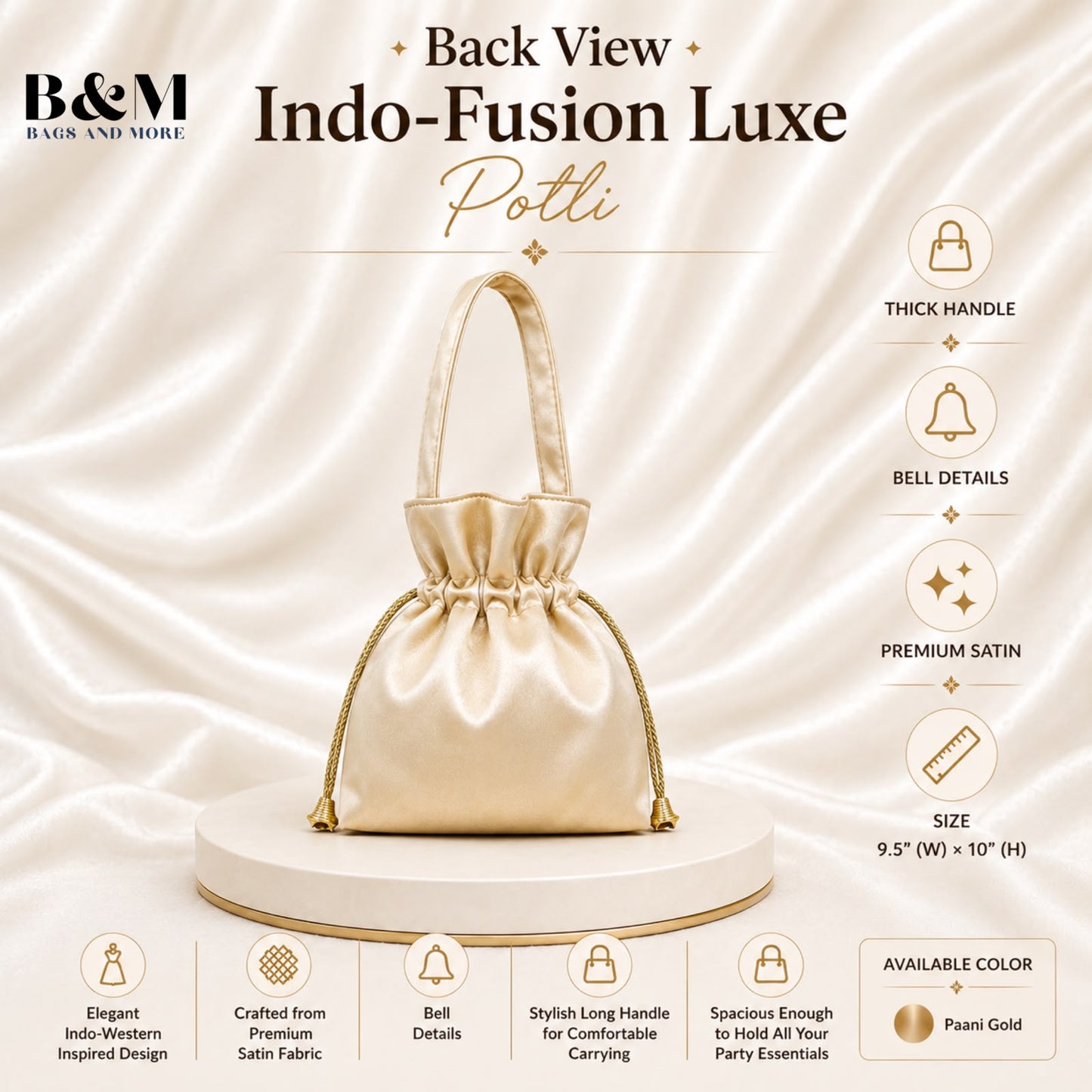 B&M Indo-Fusion Luxe Potli Bag for Women | Premium Satin Ethnic Handbag with Thick Handle & Bell Tassels | Wedding, Party & Festive Potli | Paani Gold